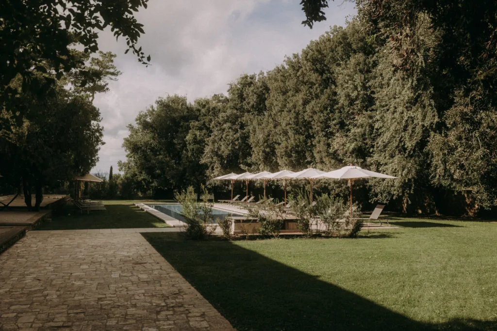 View over the pool area of La Pescaia Resort in Maremma, Tuscany in Italy.