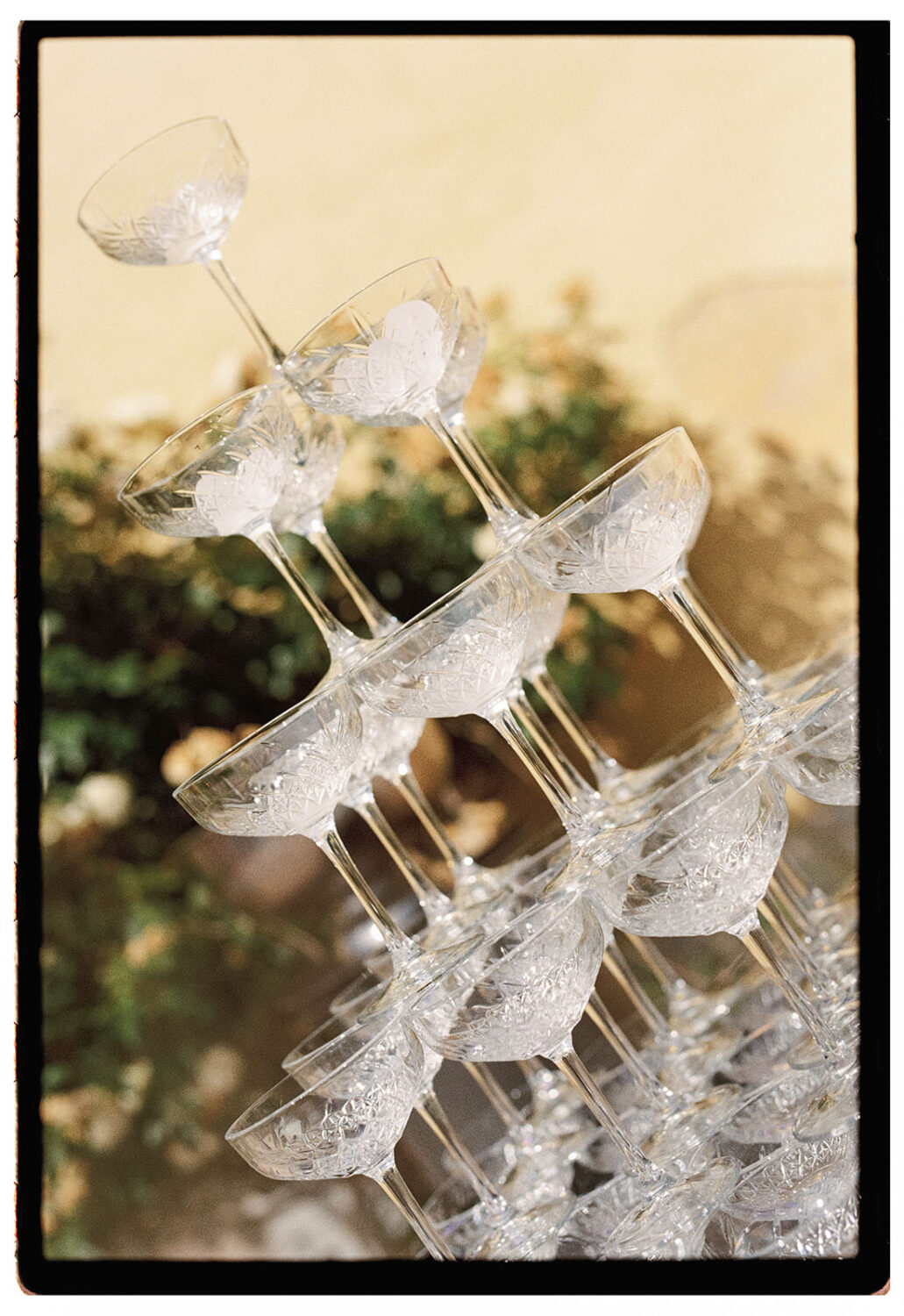 Champagne tower of crystal coupe glasses against a sunlit ochre wall, wedding detail shot on 35mm film.